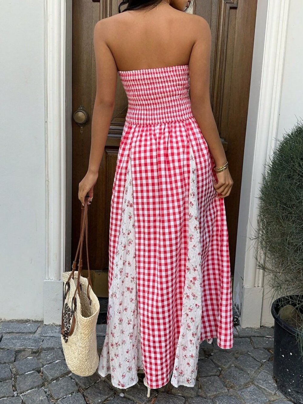Women's Plaid & Floral Patchwork Strapless  Cinched Waist Backless maxi Dress - Picture 2 of 6